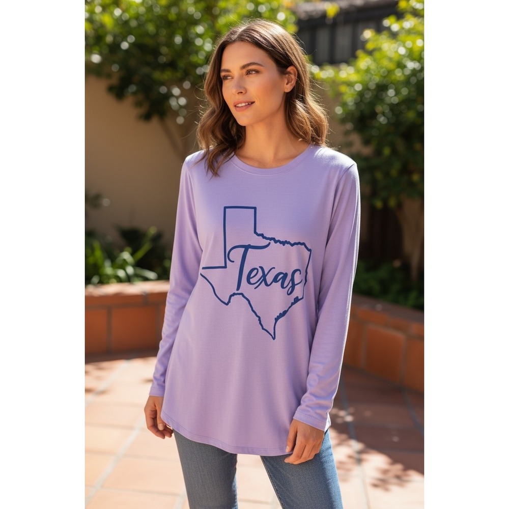 State of Mine Texas Map Graphic Long Sleeve‎ Tunic Top Lavender Women's Small